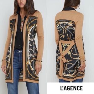 L'AGENCE Beverly Silk Panel Cardigan Black Camel Buckle Scarf XXS/XS NWT